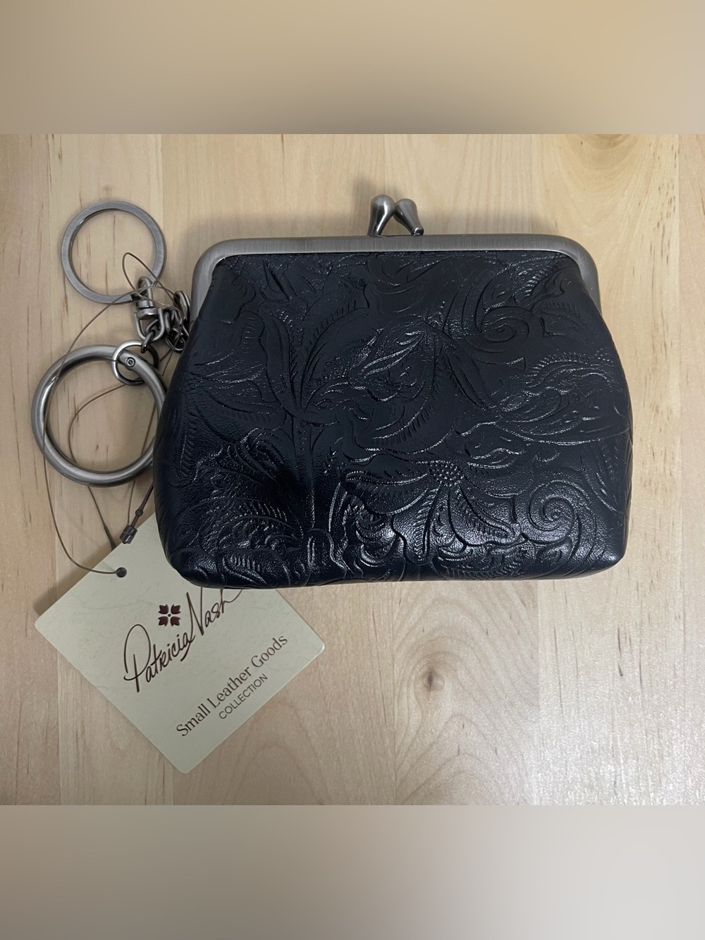 Patricia Nash Black Embossed Leather Kiss-Lock Coin Purse